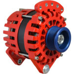 Red car alternator with pulley side view.