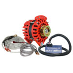Red alternator with wiring and control box.