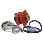 Red alternator with cables and charge controller.