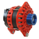 Red and blue automotive alternator for vehicles.
