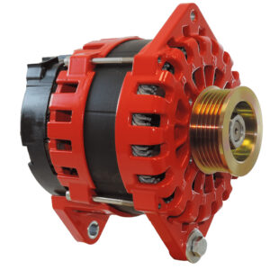 Red automotive alternator with brass pulley