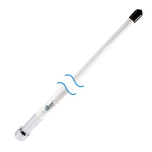 White marine antenna with black cap and blue waves.