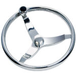 Shiny metal three-spoke steering wheel.