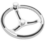 Shiny metal wheel with black grips and knobs.