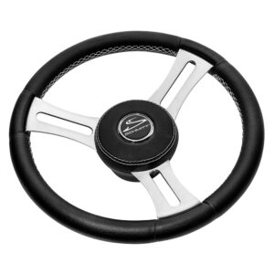Black leather steering wheel with metal accents
