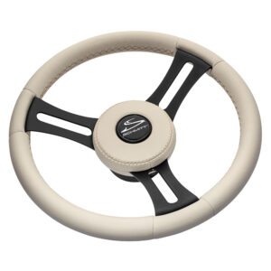 Beige leather steering wheel with metal spokes.