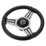 Black and chrome steering wheel with logo.