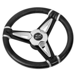 Black and chrome boat steering wheel.