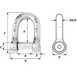 Stainless steel shackle with measurements diagram.