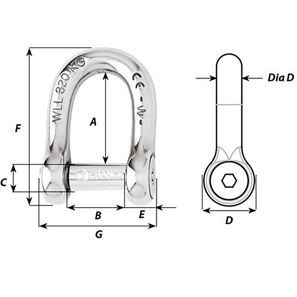 Stainless steel shackle with measurements diagram.