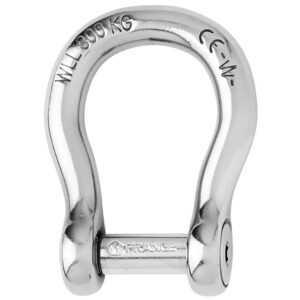 Stainless steel shackle with load capacity marking.