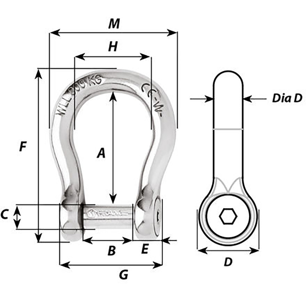 Metal shackle with detailed dimension diagram.