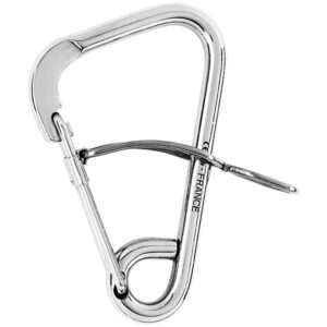 Silver climbing carabiner with locking mechanism.