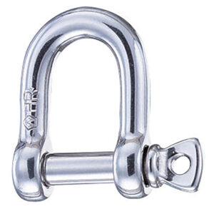 Stainless steel D-shackle for boating and rigging.