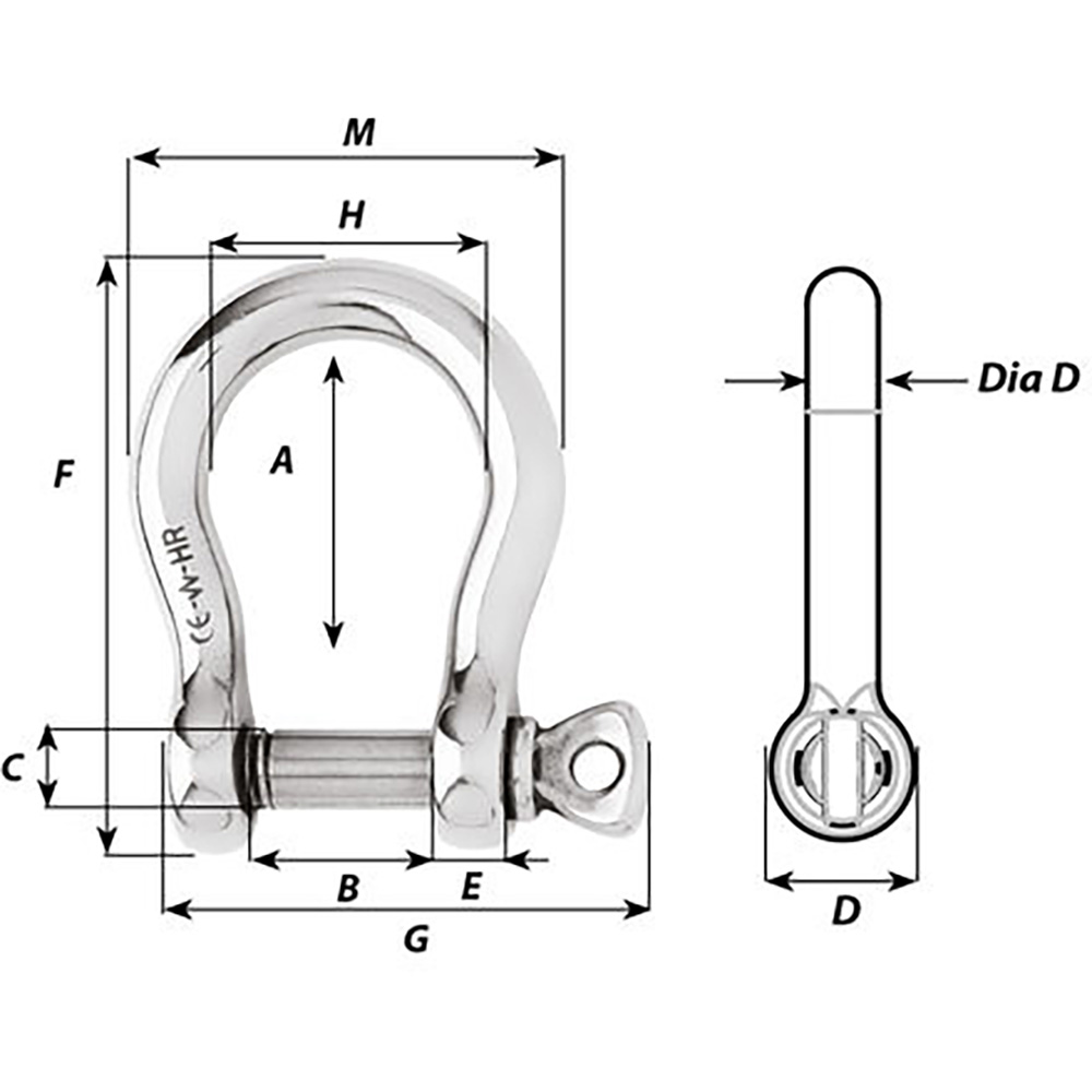 Shackle dimensions diagram with labeled measurements.