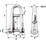 Stainless steel shackle with detailed measurements diagram.