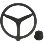 Black three-spoke steering wheel with center cap.