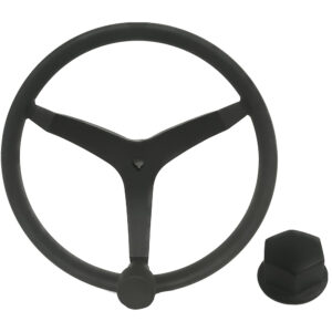 Black three-spoke steering wheel with center cap.