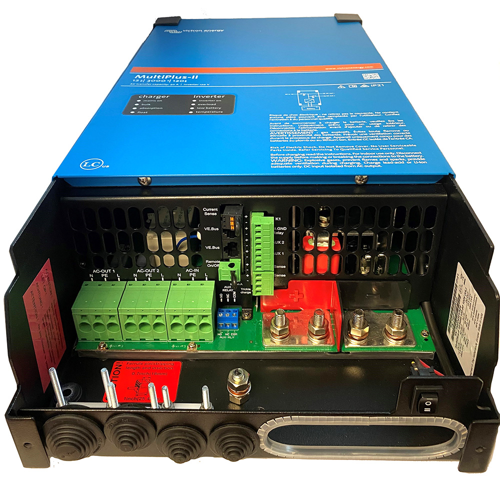 Open blue power inverter with wiring connections.
