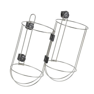 Adjustable metal can holder for refrigerator storage.