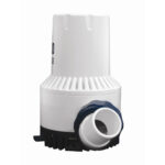 White marine bilge pump with hose connection.