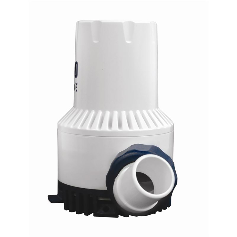 White marine bilge pump with hose connection.