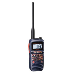 Handheld marine radio with antenna and display screen.
