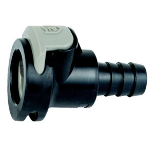 Plastic pipe fitting connector with barbed end.