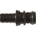Black plastic hose connector with green O-ring.