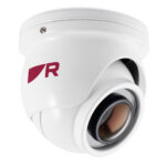 White security camera with red logo