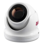 White dome security camera with black lens.