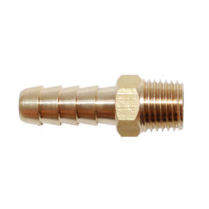 Brass hose barb connector with threaded end.