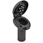 Black boat fishing rod holder with open lid.