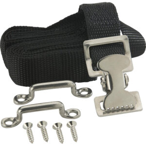 Black helmet chinstrap with screws and brackets