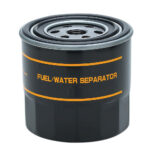 Black fuel water separator filter with orange text.