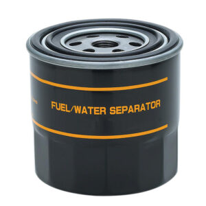 Black fuel water separator filter with orange text.