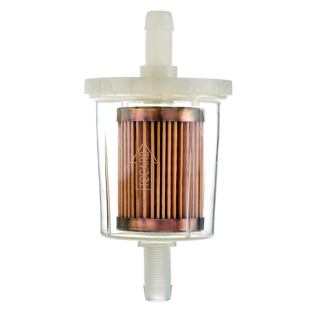 Transparent inline fuel filter with pleated element.