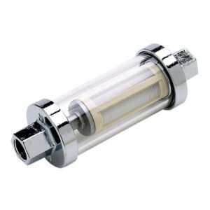 Clear in-line water filter with chrome ends.