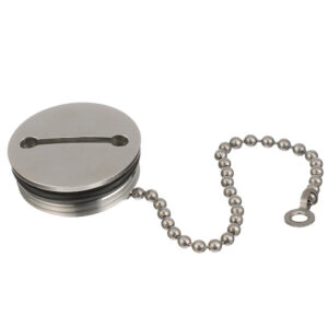 Stainless steel bathtub drain stopper with chain.