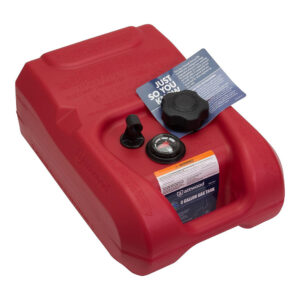 Red portable gas tank with gauge and cap.