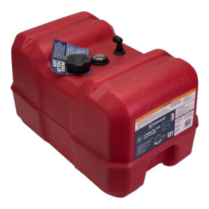 Red 12-gallon boat gas tank with cap.