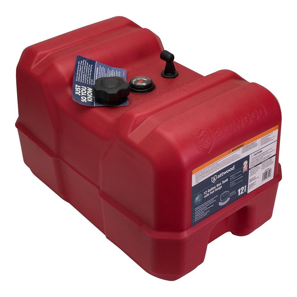 Red 12-gallon boat gas tank with cap.