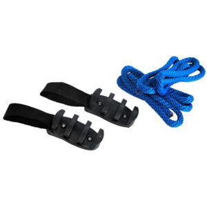 Two kayak car roof mounts and blue rope bundle.