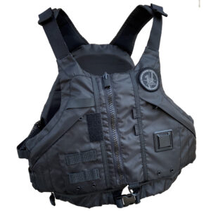 Black tactical military vest with zippers and patches.