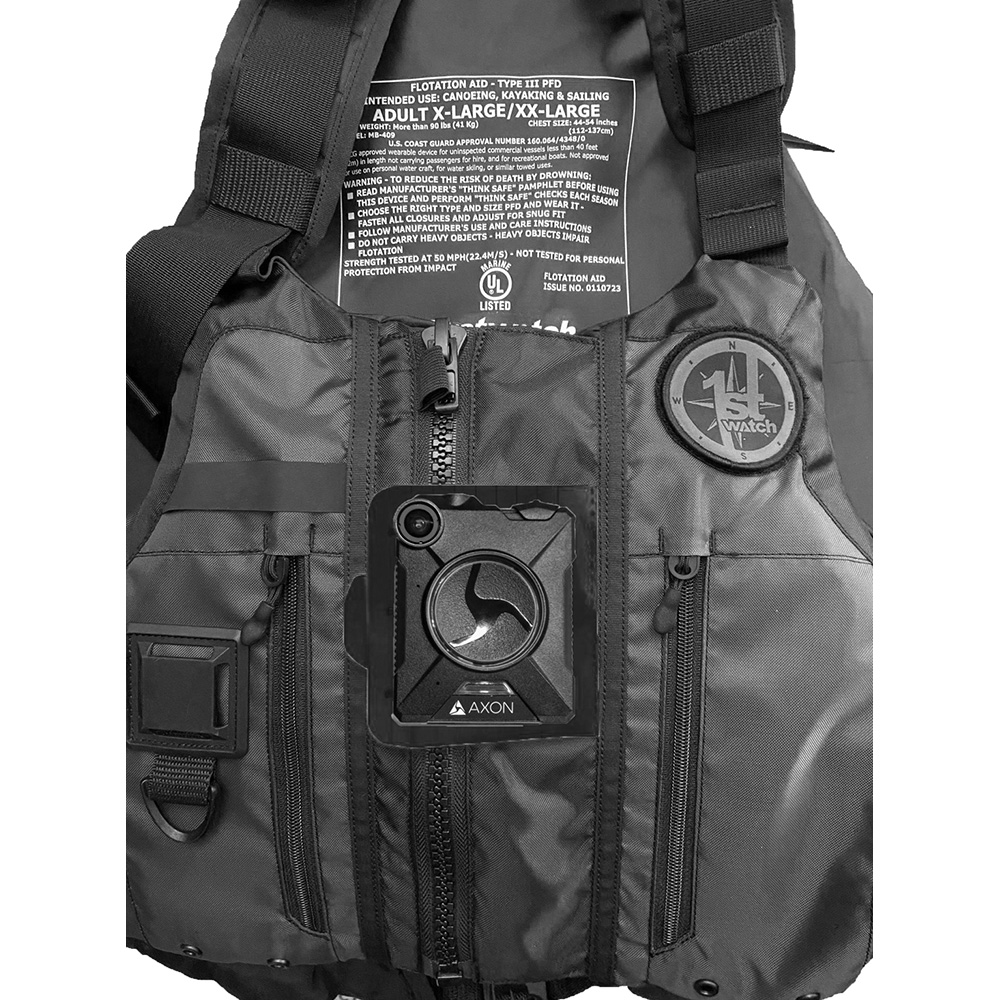 Black flotation vest with camera attachment.