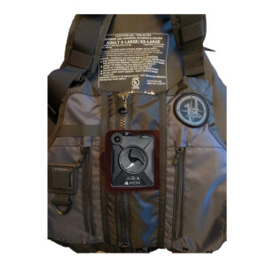 Life jacket with Axon body camera attached.