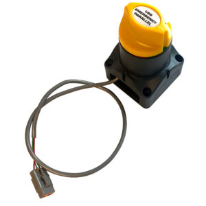 Yellow emergency button with gray cable connector.