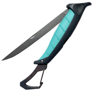 Folding carabiner knife with serrated blade.