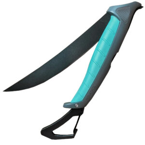 Folding hand saw with teal handle for cutting.