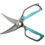 Stainless steel kitchen scissors with teal handles